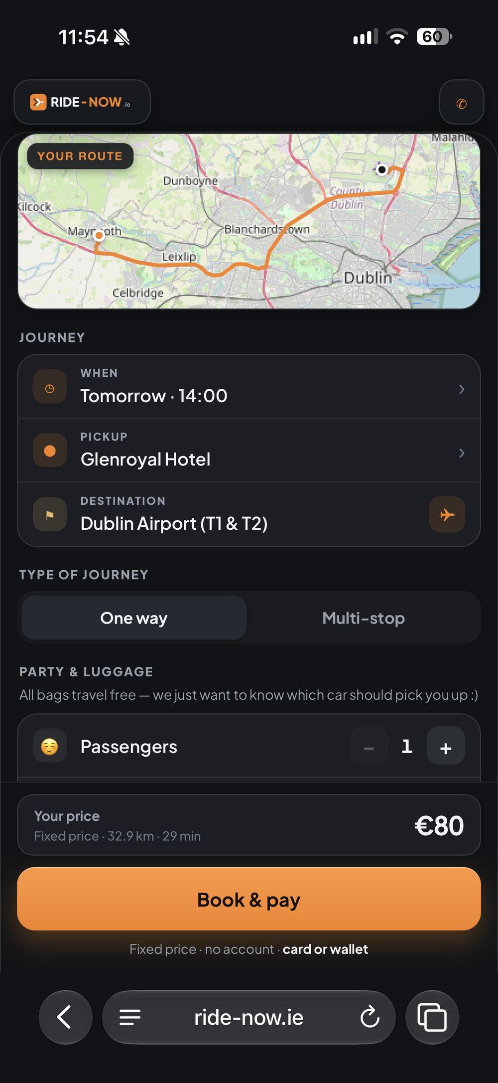 Booking a ride on Ride-Now.ie — fixed price, live map