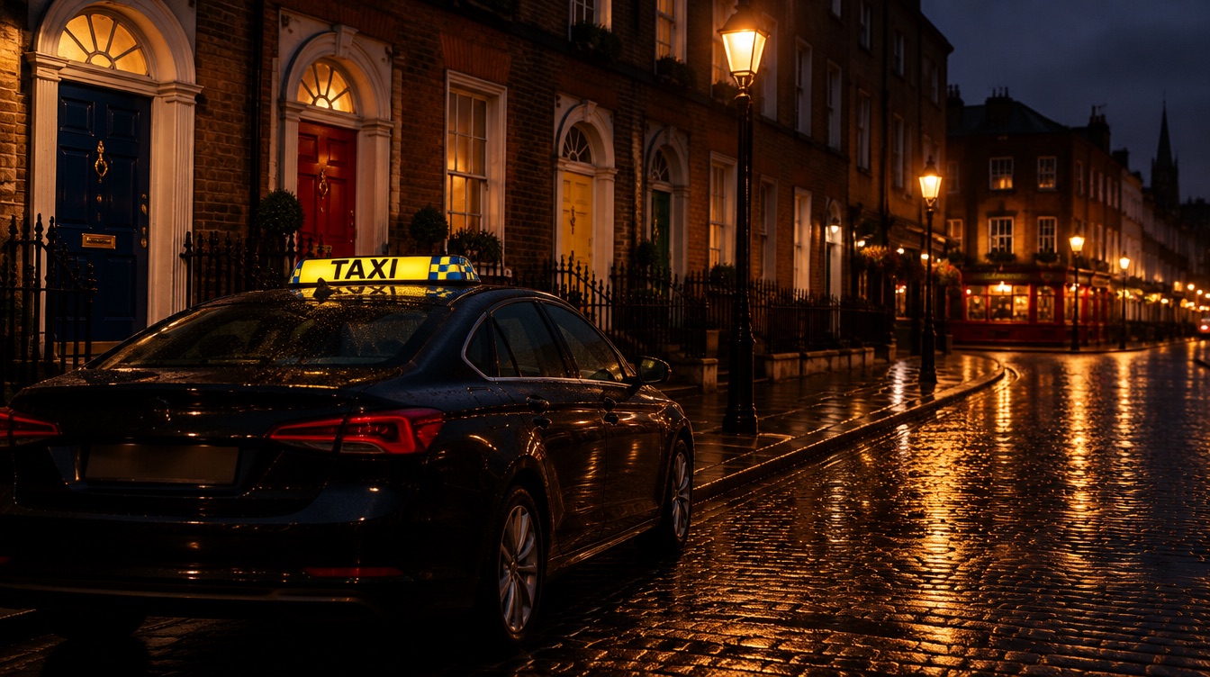 A Dublin taxi on a Georgian street at night